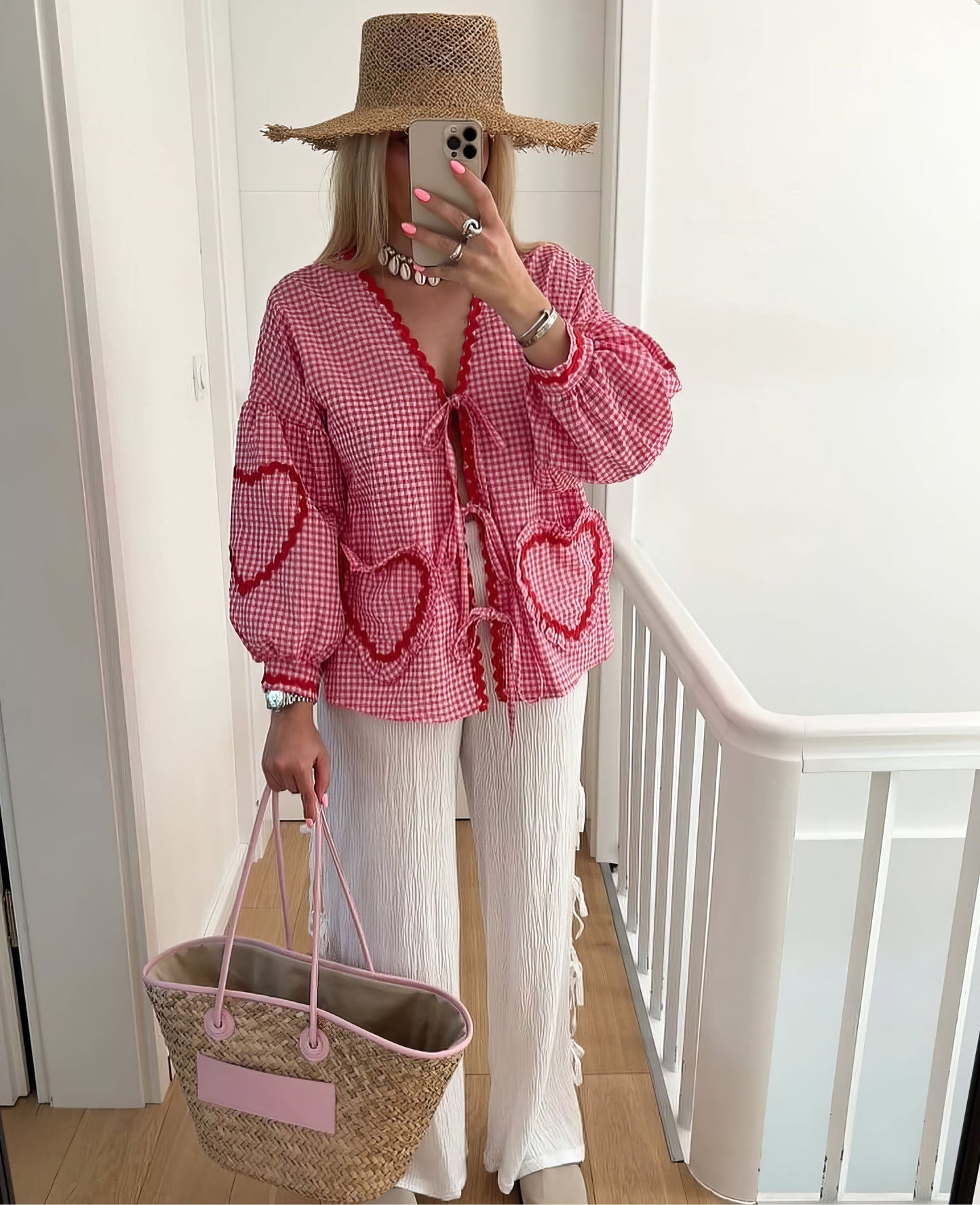 JESSICA | Zomerse Dames Blouse met Hartdetails en Ruitprint