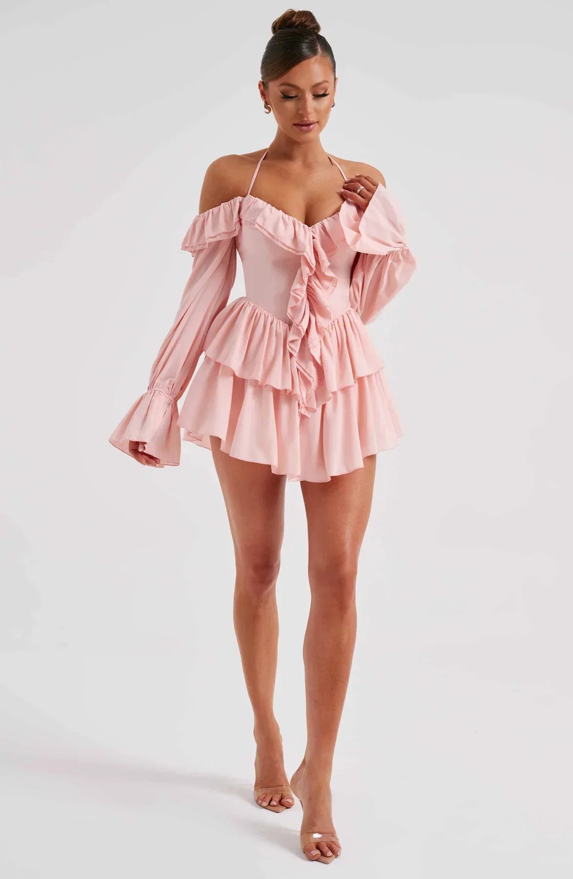 MEREL | Off-Shoulder Mini Jurk Met Ruches En Halternek – Speels, Vrouwelijk, Verleidelijk