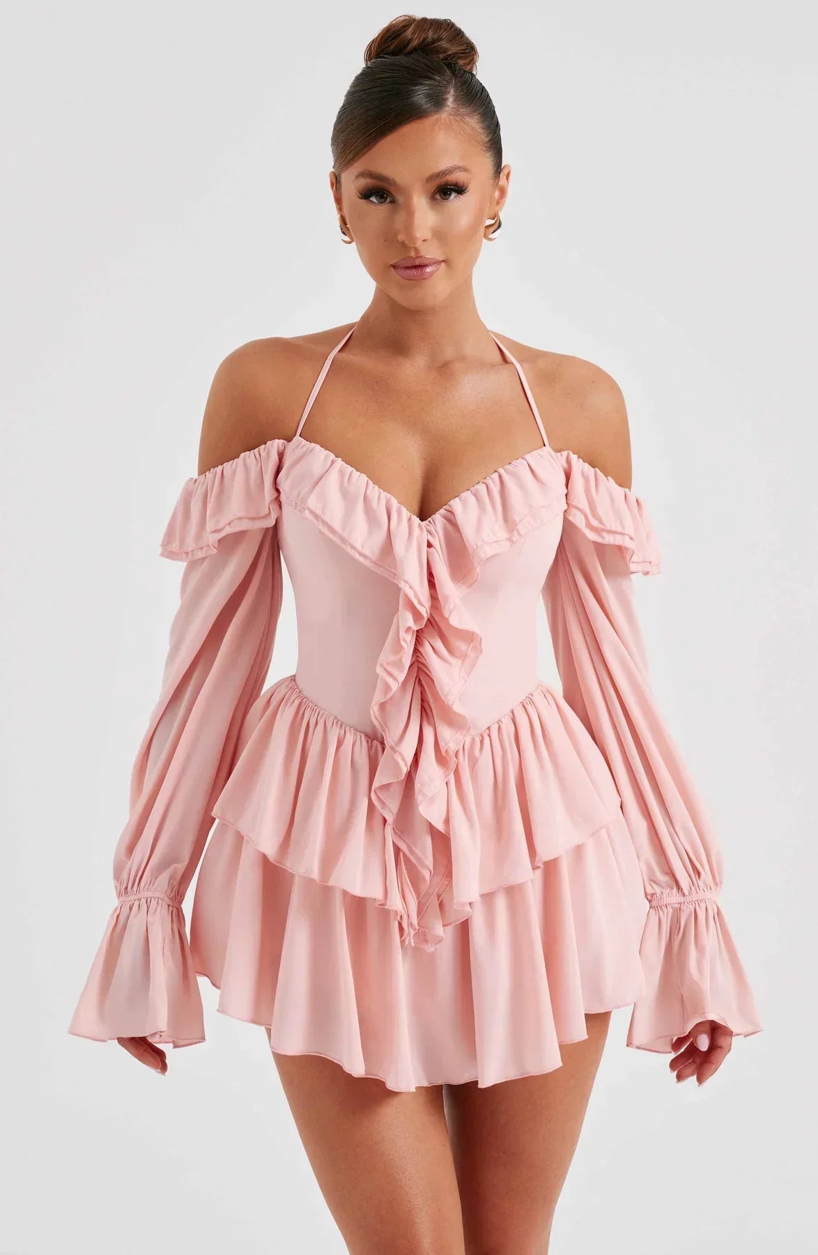 MEREL | Off-Shoulder Mini Jurk Met Ruches En Halternek – Speels, Vrouwelijk, Verleidelijk