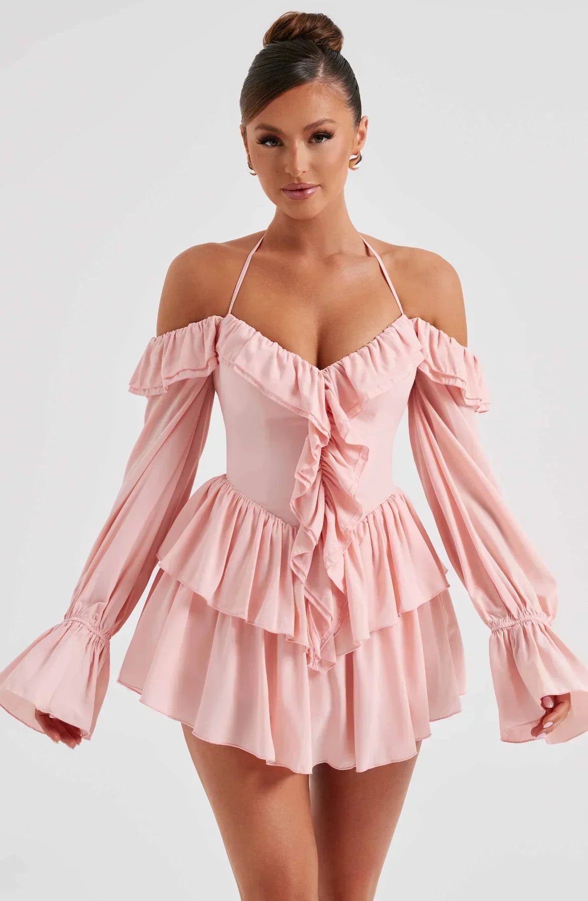 MEREL | Off-Shoulder Mini Jurk Met Ruches En Halternek – Speels, Vrouwelijk, Verleidelijk