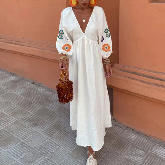 LUMA | Linnen Boho Jurk Met Bloemen, Open Rug & V-Hals - Ibiza Style