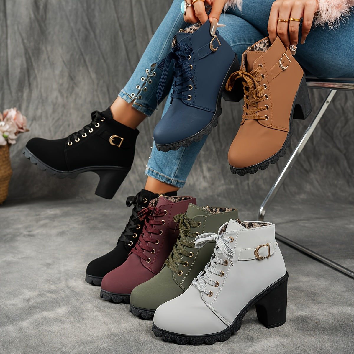 Dames Enkelboots Met Blokhak | Comfortabele All-Season Veterschoenen