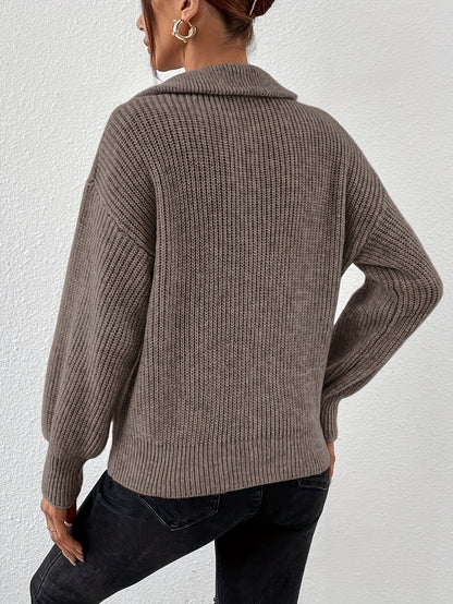 Gebreide Zip-Up Trui Voor Dames | Warme V-Hals Trui Met Lage Schouders