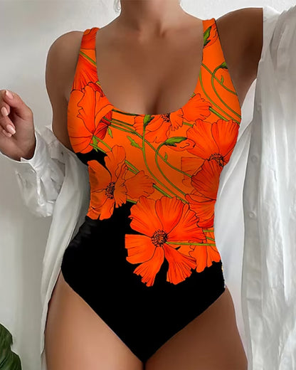 NERINA | Tropisch Badpak met Oranje Bloemen Design