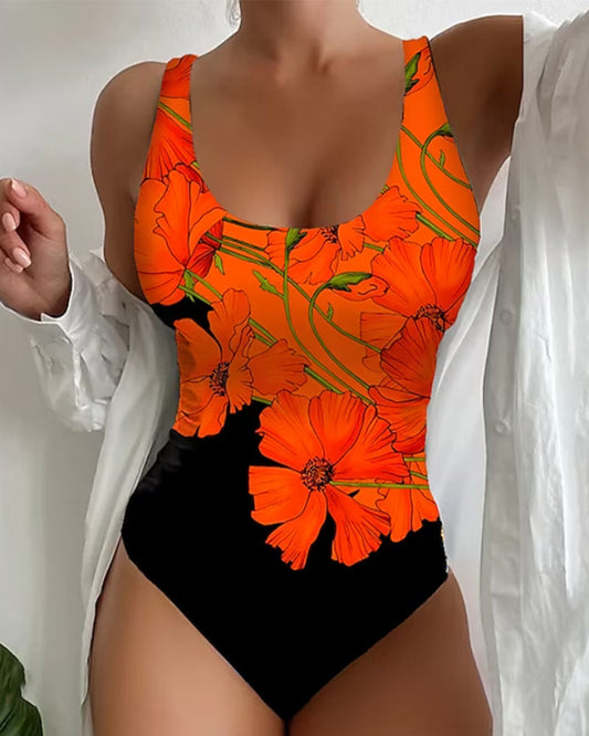 NERINA | Tropisch Badpak met Oranje Bloemen Design