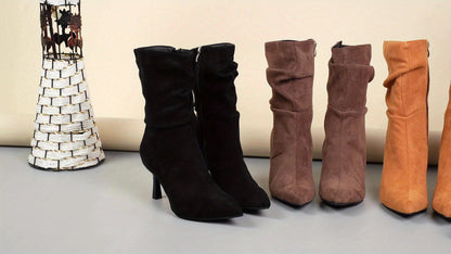 Elegante Slanke Dames Enkellaarsjes | Mid-High Plissé Boots Met Puntneus & Stiletto Hak