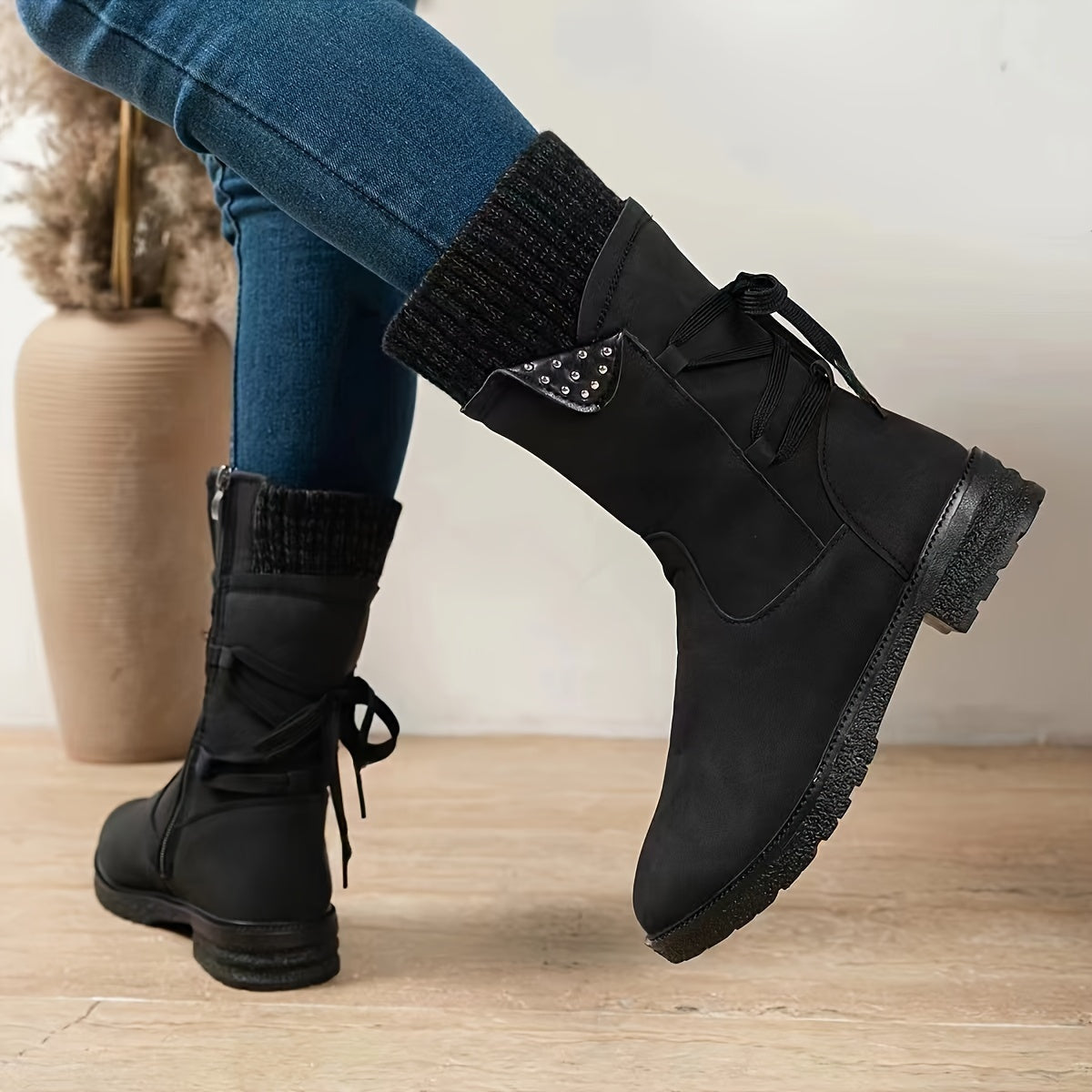 Vintage Teal Dameslaarzen | Warme Halfhoge Winterboots Met Fleece & Stevige Zool