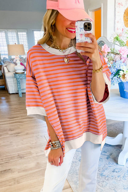 ISA | Gestreept Loose Fit T-Shirt Voor Dames Met Contrast Trim En Wijde Mouwen – Comfortabel, Casual, Stijlvol
