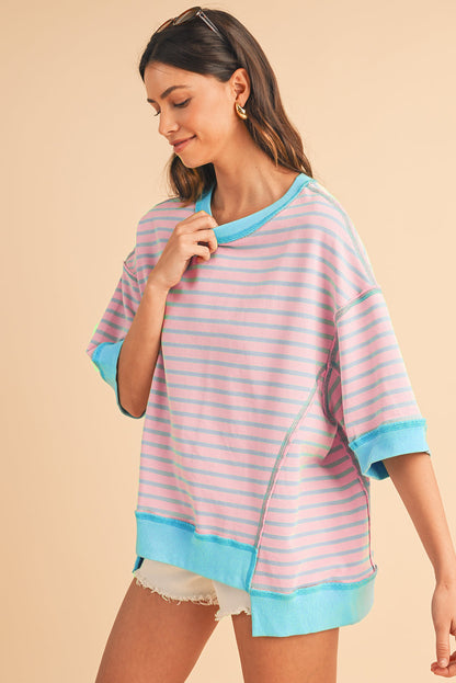 ISA | Gestreept Loose Fit T-Shirt Voor Dames Met Contrast Trim En Wijde Mouwen – Comfortabel, Casual, Stijlvol