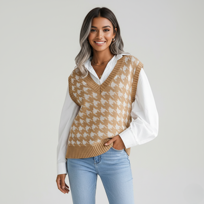Dames Geruite Gebreide Vest-Top – Tijdloos, Stijlvol & Perfect om te Layeren