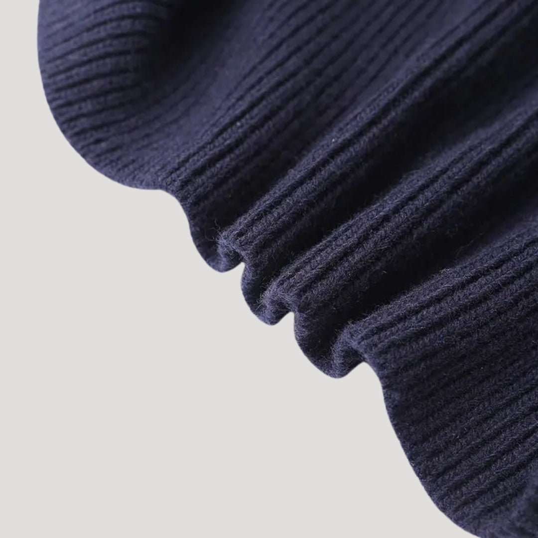 Marineblauwe Gebreide Cardigan Met Denim Afwerking | Stijlvolle Layering Must-Have