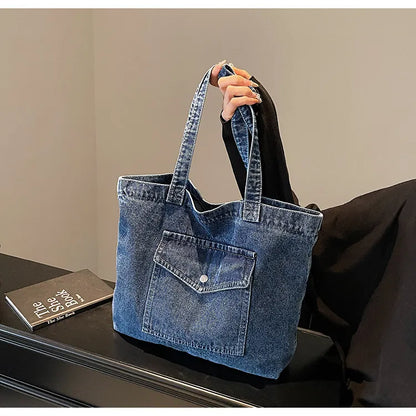 ROOS | Denim Tote Bag Voor Dames Met Voorvak En Lange Hengsels – Casual, Praktisch, Tijdloos