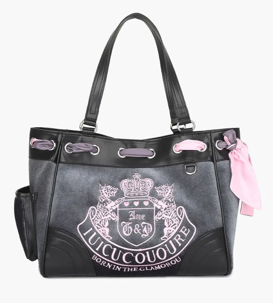 Velvet Schoudertas Met Roze Accenten | Y2K Vintage Geborduurd Statement Accessoire