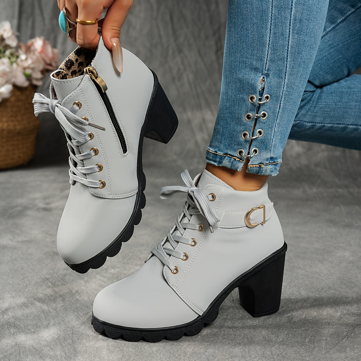 Dames Enkelboots Met Blokhak | Comfortabele All-Season Veterschoenen