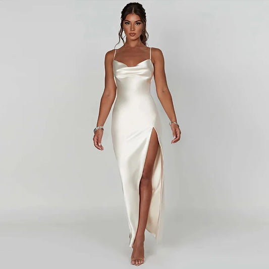 CAMILA | Luxe Satijnen Jurk Met Open Rug & Split - Chic, Elegant & Tijdloos