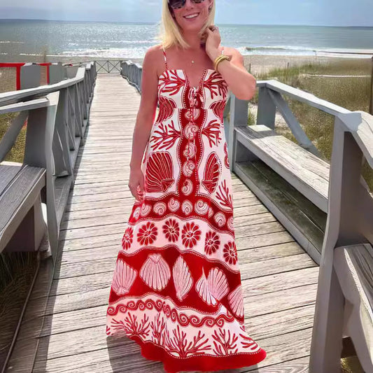 RABI | Maxi Zomerjurk Voor Dames Met Schelpen Print - Perfect Voor Vakantie