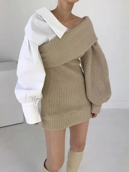 Gebreide Dames Jurk met Blouse -Detail – Trendy, Warm & Origineel