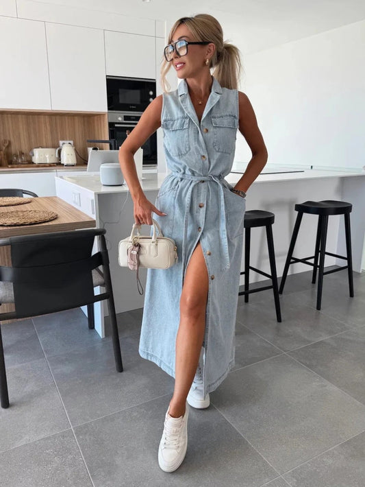 MAYA | Dames Denim Midi Jurk Zonder Mouwen – Stoer, Vrouwelijk & Perfect Voor Elke Dag