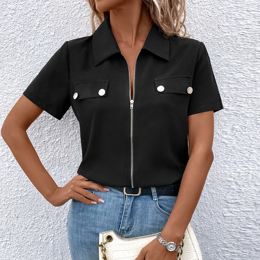 MELINE | Stijlvolle Damesblouse met Knoopaccent en Ritssluiting