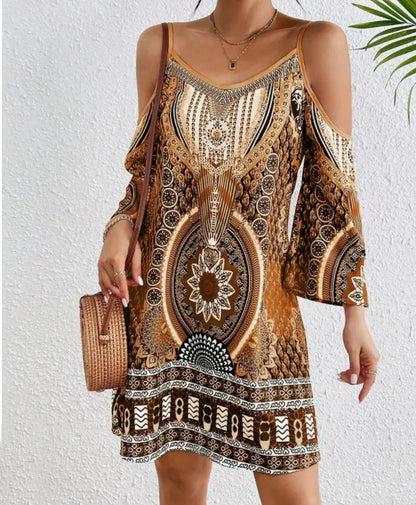 SELENA | Zomerse Dames Midi Jurk Met Unieke Print – Off-Shoulder, Spaghettibandjes, Ademend Textiel – Vrouwelijk, Luchtig, Elegant