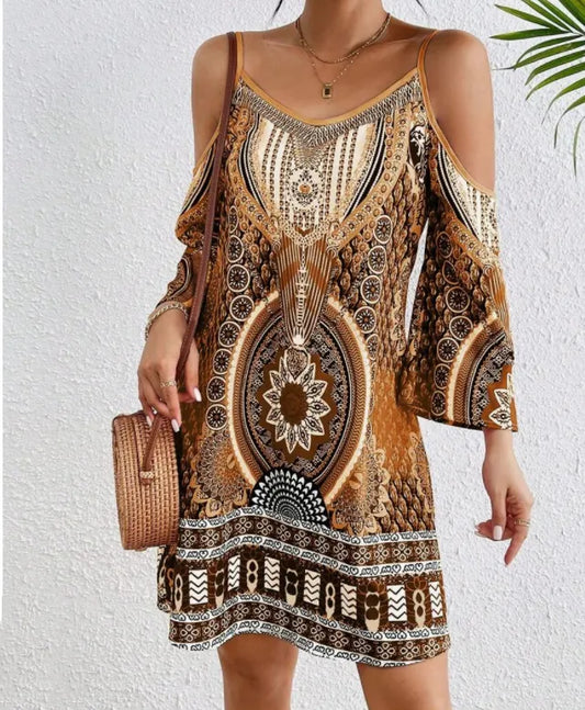 SELENA | Zomerse Dames Midi Jurk Met Unieke Print – Off-Shoulder, Spaghettibandjes, Ademend Textiel – Vrouwelijk, Luchtig, Elegant