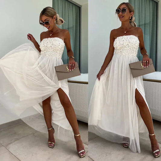 YVONNE | Strapless Maxi Jurk Met 3D Bloemenbuste En Split – Elegant, Romantisch, Vrouwelijk