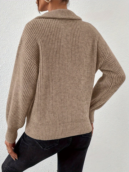 Gebreide Zip-Up Trui Voor Dames | Warme V-Hals Trui Met Lage Schouders