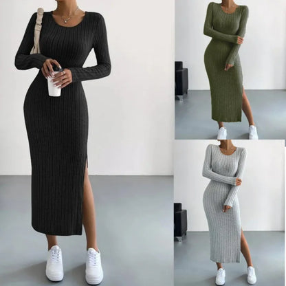 MAREN | Winter Gebreide Midi-Jurk Met Lange Mouwen & Zijsplit – Warm, Stijlvol & Flatterend