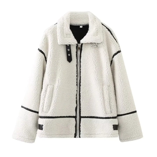 ELIN | Wollen Teddy Jas Voor Dames Met Leren Details – Warm, Stoer & Ideaal Voor Koude Dagen
