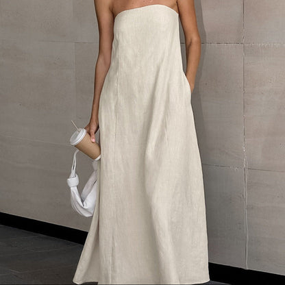 ELODIE | Lange Strapless Jurk Van Linnen-Katoen – Luchtig, Natuurlijk, Elegant