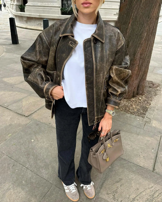 JAX | Stoere Leren Dames Jack Met Contraststiksels – Gestructureerd, Trendy & Ideaal Voor Tussenweer