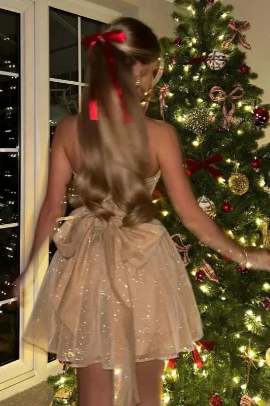 Elegante Glitter Feestjurk | Strapless Mini Jurk Met Sprankelende A-Lijn