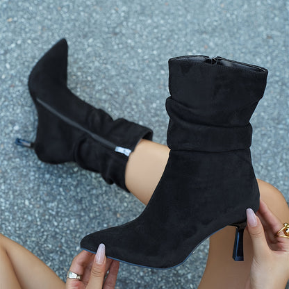 Elegante Slanke Dames Enkellaarsjes | Mid-High Plissé Boots Met Puntneus & Stiletto Hak