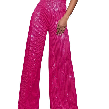 Pailletten Wijdvallende Broek Voor Dames | Glanzende Feestbroek Met Elastische Taille