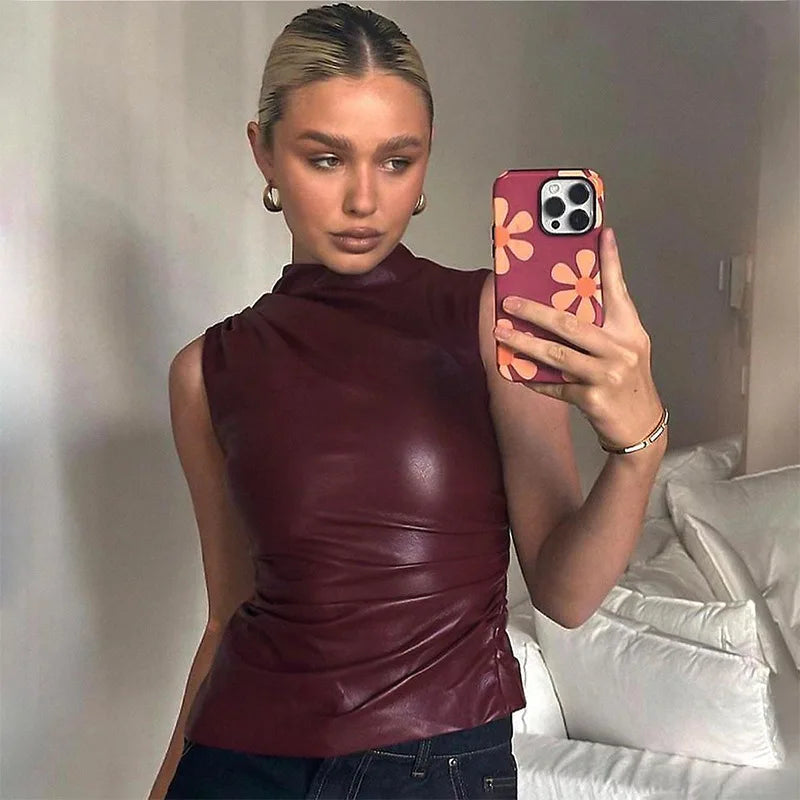 Vegan Leren Hoge Hals Top Voor Dames | Luxe Nauwsluitende Trendtop