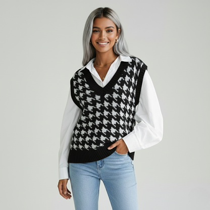 Dames Geruite Gebreide Vest-Top – Tijdloos, Stijlvol & Perfect om te Layeren