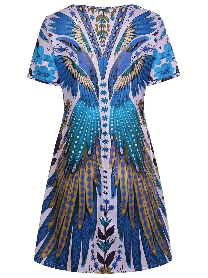 HANA | Korte Zomerjurk Met Vleugelprint – Kleurrijk, Comfortabel & Boho-chic Voor Elke Dag