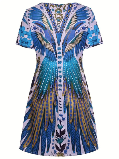 HANA | Korte Zomerjurk Met Vleugelprint – Kleurrijk, Comfortabel & Boho-chic Voor Elke Dag