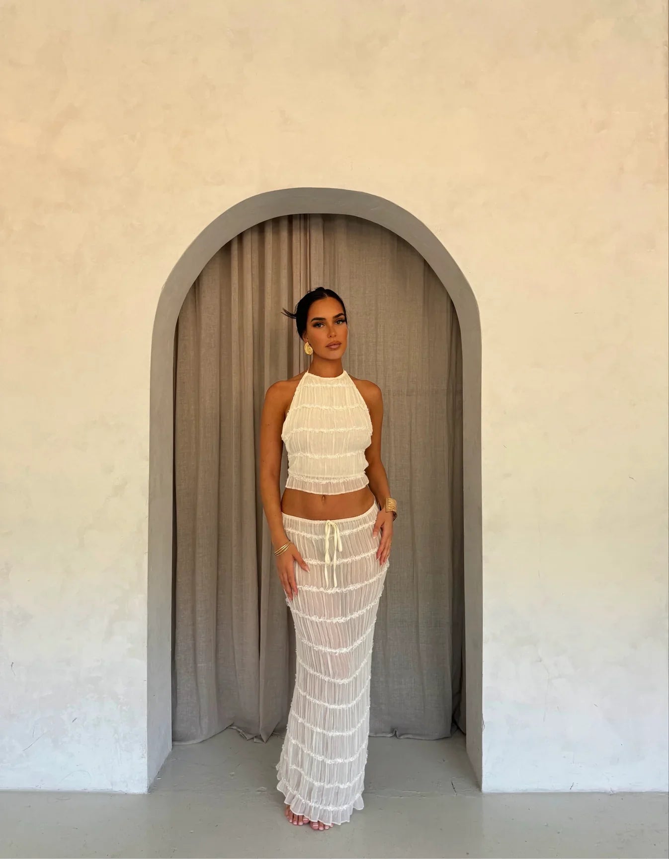 LYNN | Luchtige Dames Zomer Set – Halter Crop Top & Ruches Maxi Rok
