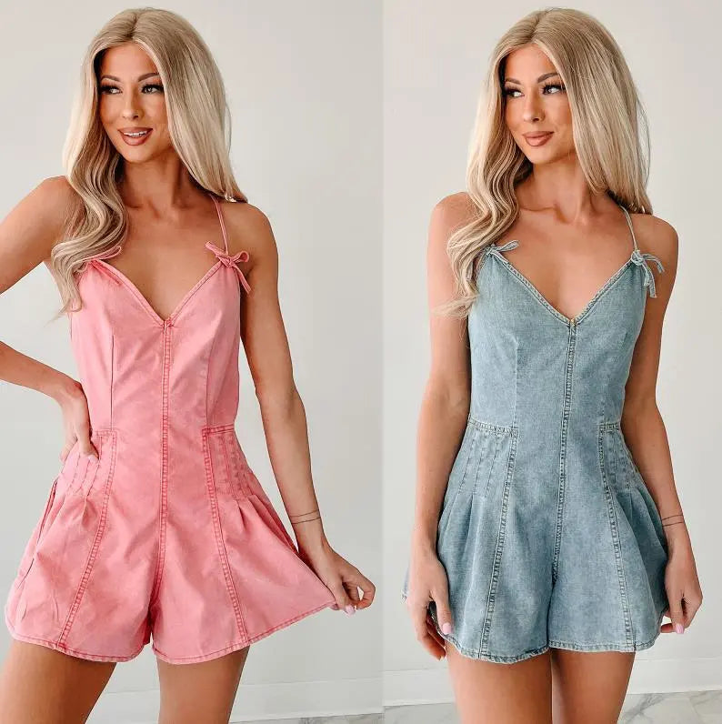 LUMA | Korte Dames Jumpsuit in Denimstijl met fijne bandjes – Fris, vrouwelijk en flatterend