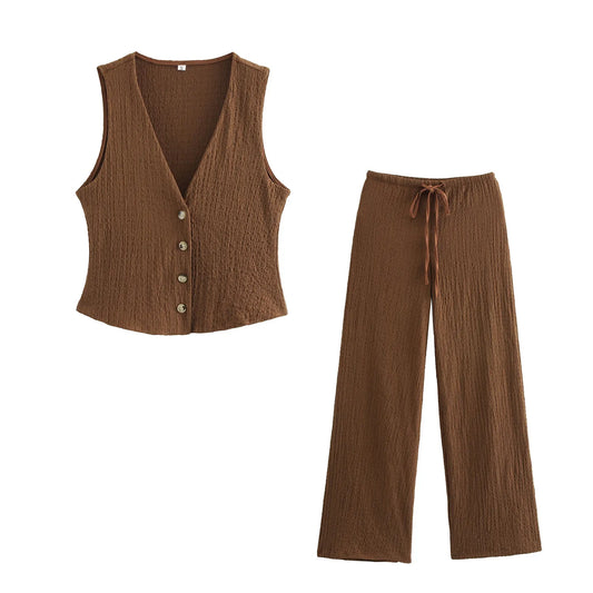 ZOMERSET | Luchtige dames set met knopen & strikkoord – verkrijgbaar in zwart en bruin