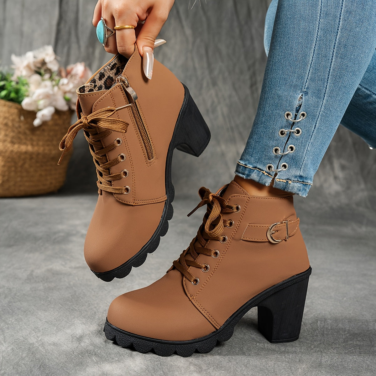 Dames Enkelboots Met Blokhak | Comfortabele All-Season Veterschoenen
