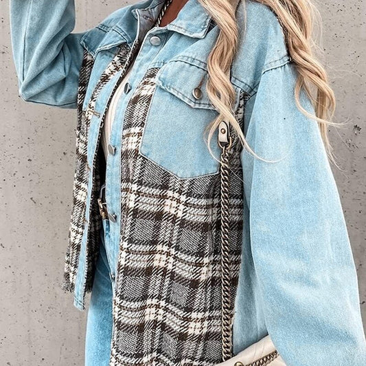NINA | Dames Denim Jack Met Geruit Detail – Stoer, Vrouwelijk & Perfect Voor Elke Dag