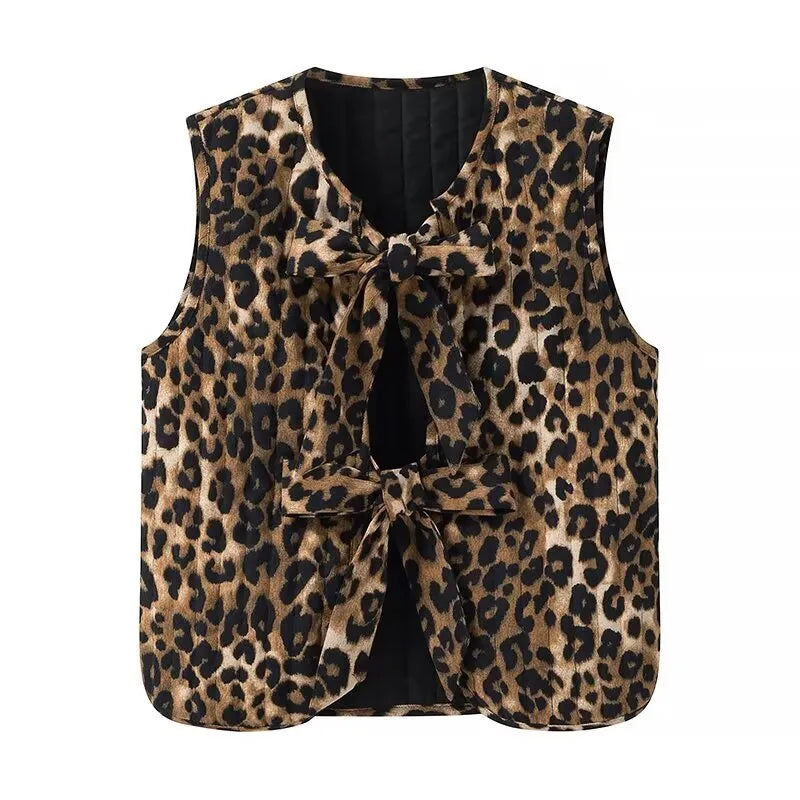 LINA | Dames Gilet met Luipaardprint en Striksluiting – Trendy, Speels, Comfortabel