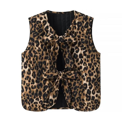 LINA | Dames Gilet met Luipaardprint en Striksluiting – Trendy, Speels, Comfortabel