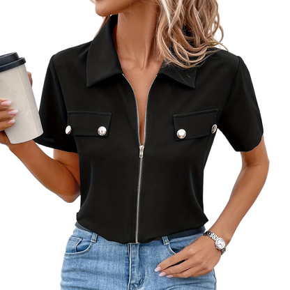 MELINE | Stijlvolle Damesblouse met Knoopaccent en Ritssluiting