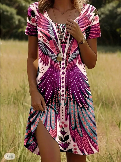 HANA | Korte Zomerjurk Met Vleugelprint – Kleurrijk, Comfortabel & Boho-chic Voor Elke Dag