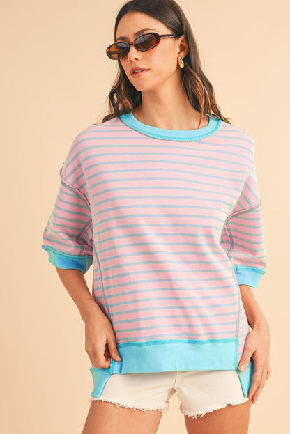 ISA | Gestreept Loose Fit T-Shirt Voor Dames Met Contrast Trim En Wijde Mouwen – Comfortabel, Casual, Stijlvol