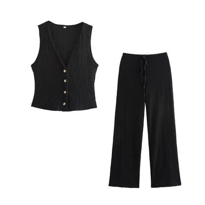 ZOMERSET | Luchtige dames set met knopen & strikkoord – verkrijgbaar in zwart en bruin