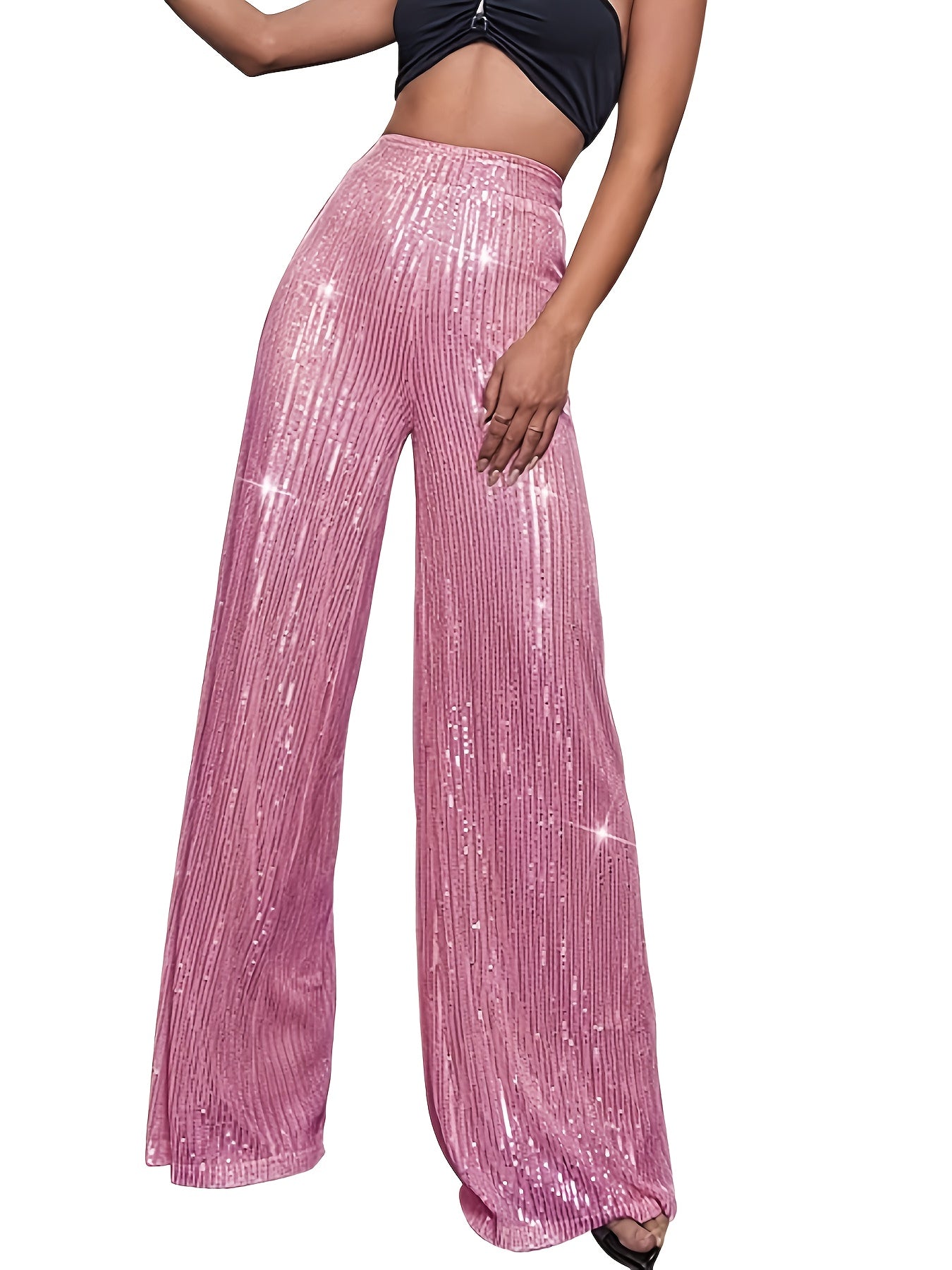 Pailletten Wijdvallende Broek Voor Dames | Glanzende Feestbroek Met Elastische Taille